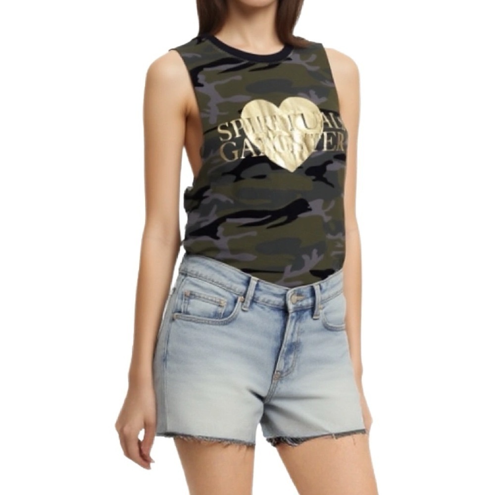 SPIRITUAL GANGSTER Y2K Black and Gold Graphic Muscle Tee Size Small